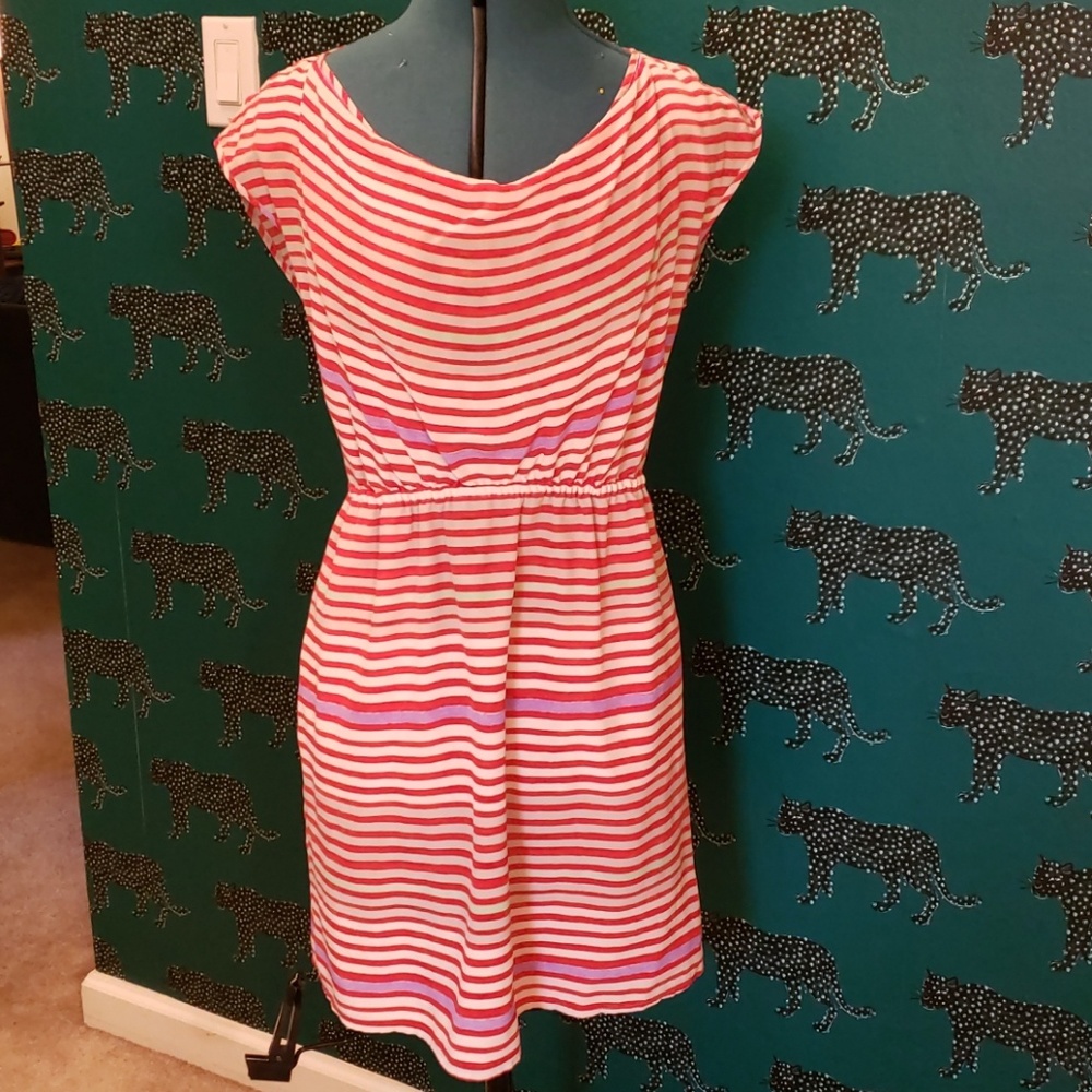 Silk cream with red stripes dress with pockets